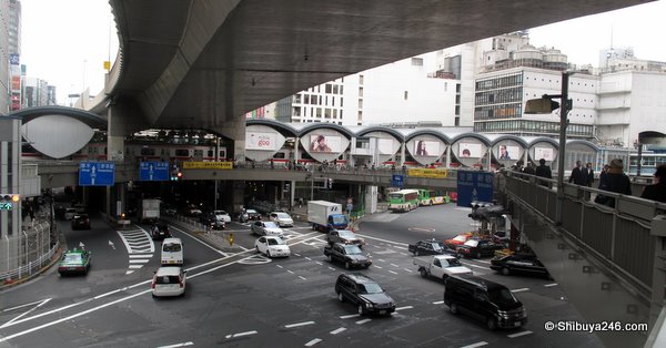 Shibuya-kawa flows from right to left through under the station area