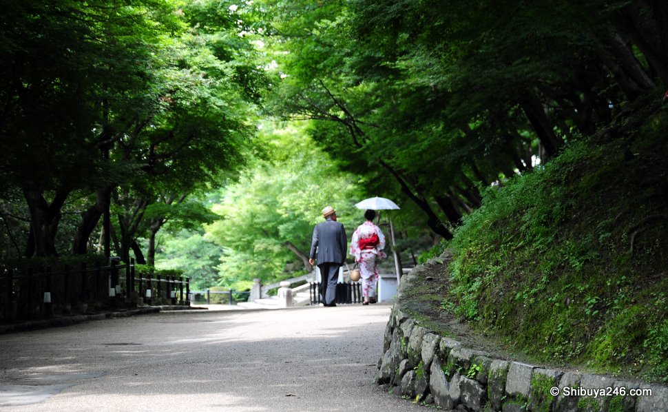 A couple out walking through the Temple grounds