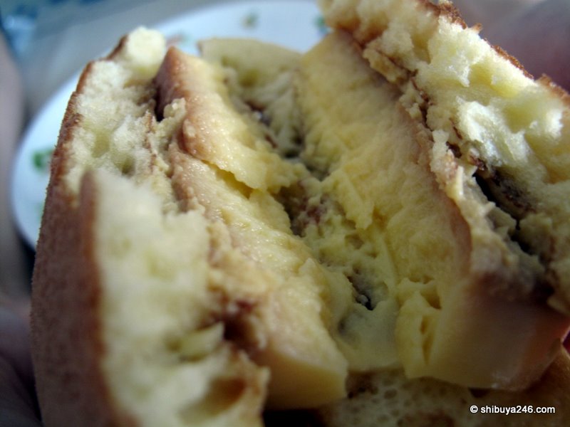 caramel custard pudding inside a fluffy mini pancake