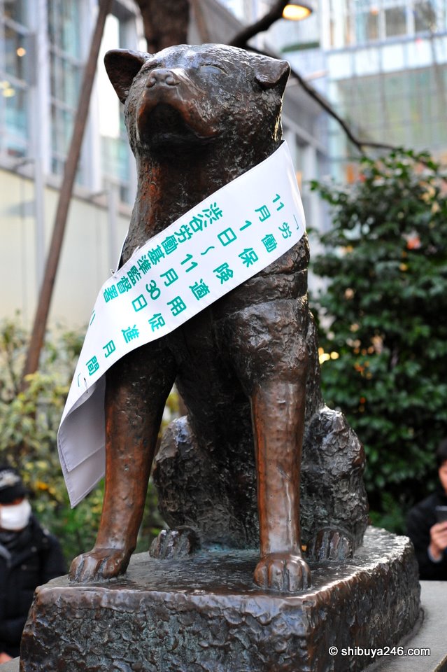 Hachiko still standing outside of Shibuya Station, now helping those meeting up with friends to find each other, also helping the Labor Standards Office with their Workers Insurance campaign