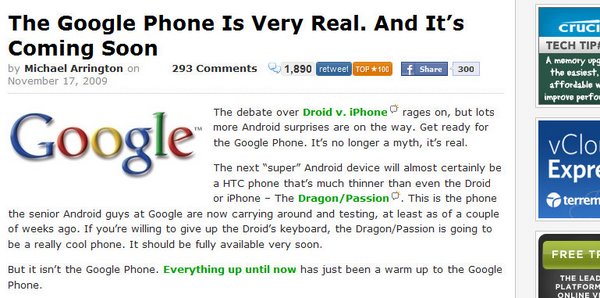 More information about the rumored new Google Phone, from TechCrunch (click for more)