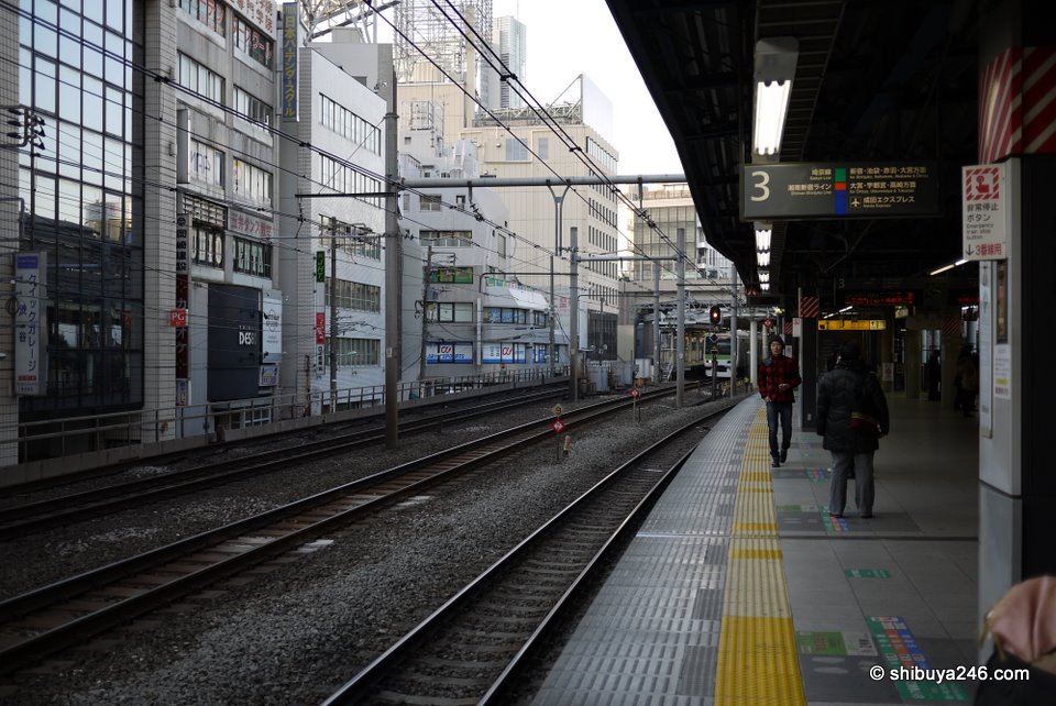 On the platform of the Shonan Shinjuku Liner, Rinkai Line and Saikyo Line at Shibuya Station. The platform for the Yamanote Line is further up in the distance.