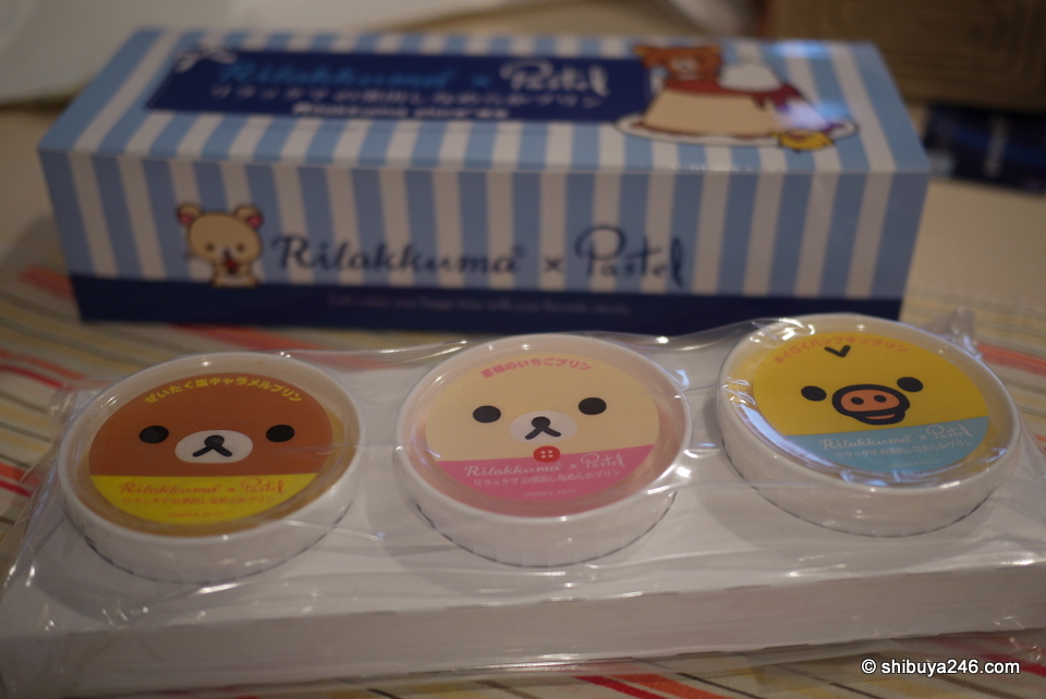 There were 3 faces on the pudding cups, Rilakkuma, Korilakkuma and Kiiroitori.