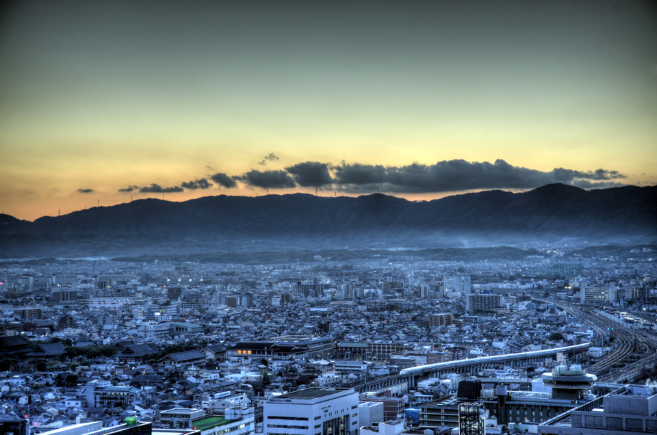 Shinkansen arrives into Kyoto at dusk