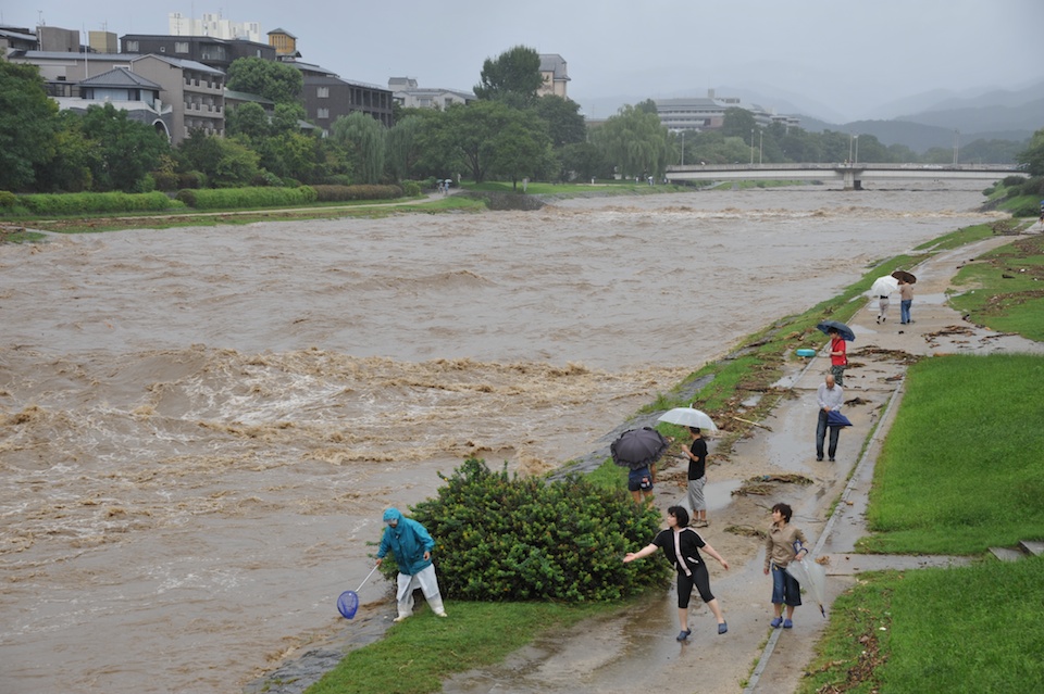 People out on the banks helping to throw back some fish into the river